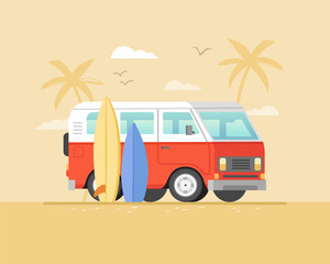 Surfing bus on palm beach poster. Retro bus with surf board illustration