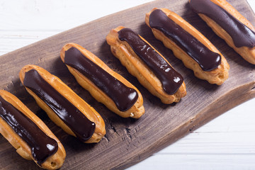 French dessert eclair with chocolate .