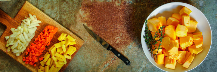 pumpkin and carrot soup (orange cream soup). Healthy food. Copy space. Diet menu. Top view