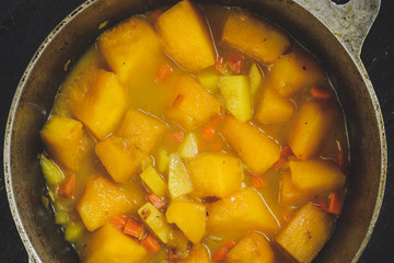 pumpkin and carrot soup (orange cream soup). Healthy food. Copy space. Diet menu. Top view