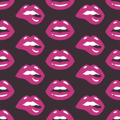 Lips pattern. Vector seamless pattern with woman's red sexy lips on black background.