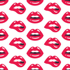 Lips pattern. Vector seamless pattern with woman's red sexy lips on white background.