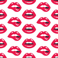 Lips pattern. Vector seamless pattern with woman's red sexy lips on white background.