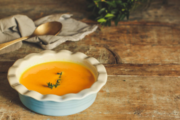 pumpkin and carrot soup (orange cream soup). Healthy food. Copy space. Diet menu. Top view