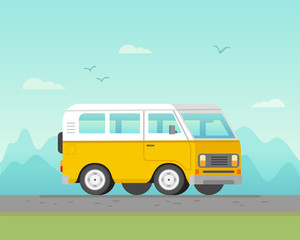 Yellow bus goes on the highway in the desert. Mountains, road and clouds landscape flat vector illustration
