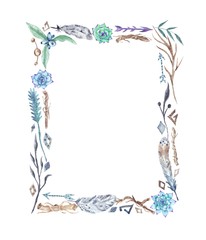 Watercolor Tribal Boho Frame with Feathers and Flowers