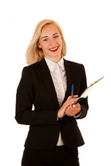 Attractive business woman holding a blank banner for additional text or graphic isolated over white