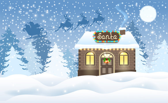 Christmas card with brick house and Santa's workshop and Santa Claus in sleigh with reindeer team