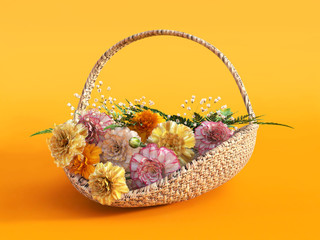 3D rendering of a basket with carnations.