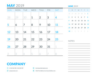 May 2019. Week starts on Sunday. Calendar planner stationery design template. Vector illustration