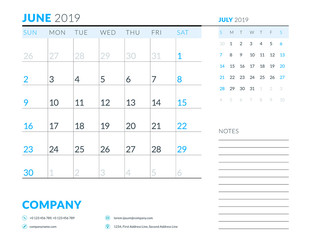 June 2019. Week starts on Sunday. Calendar planner stationery design template. Vector illustration