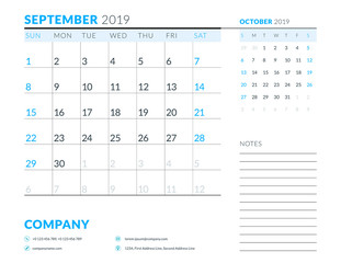 September 2019. Week starts on Sunday. Calendar planner stationery design template. Vector illustration