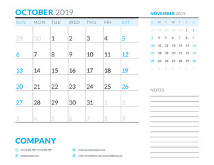 October 2019. Week starts on Sunday. Calendar planner stationery design template. Vector illustration