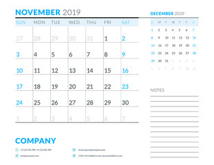 November 2019. Week starts on Sunday. Calendar planner stationery design template. Vector illustration