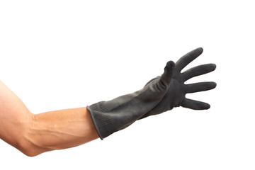 Man hand with black rubber glove. isolated on white background