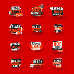 Black Friday sale sticker. Discount banner. Special offer sale tag. Red and black color theme. Vector illustration.