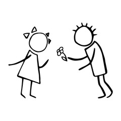 Sketch boy is carrying a flower to a girl with bows in a dress. Vector illustration doodle boy and girl. Hand drawn.
