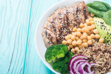 Buddha bowl with broccoli , quinoa , grilled chicken , avocado and spinach