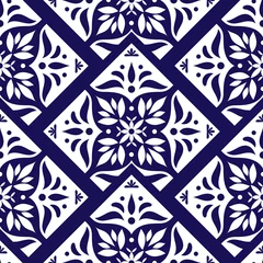 Tapeten Mexican tile pattern vector seamless with scale floral ornament. Portuguese azulejo, puebla talavera, delft dutch, spanish mosaic or italian majolica. Tiled background for kitchen or bathroom ceramic. © irinelle
