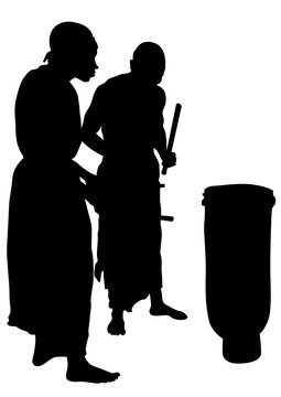 African musicians in national clothes with drums on a white background
