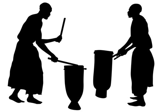 African musicians in national clothes with drums on a white background