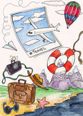 World Travel. Hand drawn. Planning summer vacations. Summer holiday, journey, the set of objects of a traveler. Tourism and vacation theme. Watercolor illustration