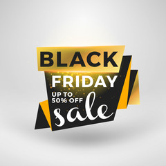 Black Friday sale sticker. Discount banner. Special offer sale tag. Golden and black color theme with light effects. Vector illustration.