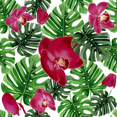 Summer floral vector background. Tropical palm leaves and pink orchids flower seamless pattern.