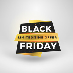 Black Friday sale sticker. Discount banner. Special offer sale tag. Golden and black color theme with light effects. Vector illustration.