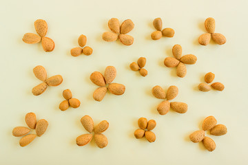 Creative and minimalist composition layout of almonds nuts. Concept- healthy lifestyle, vegetarianism, raw food, vegetable protein.