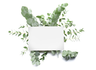 Green eucalyptus branches and paper card on white background