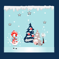 Vector Illustration Of Merry Christmas, Happy Snowman Is Acting Like Santa Claus By Wearing A Red Hat, he is crying. vector
