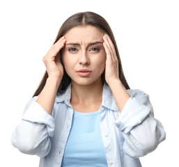 Woman suffering from headache on white background