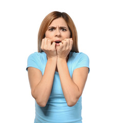 Woman having panic attack on white background