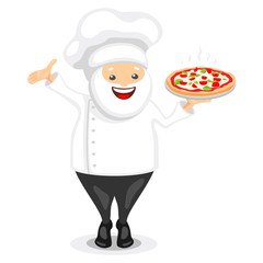 Cute chef character. Funny cook in white hat holding pizza. Vector illustration in cartoon style.
