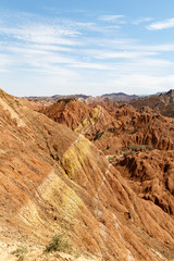 Striped rock formations in Danxia Feng, or Colored Rainbow Mountains, in Zhangye, Gansu, China. Here the view from the Sea of Clouds observation deck