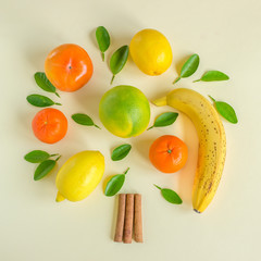 Creative arrangement of layout of fruit. Tree made of lemons, oranges, persimmons, banana and green leaves.  Concept- healthy lifestyle, vegetarianism, raw food.