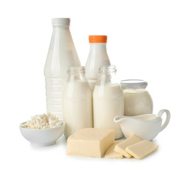Obraz na płótnie Canvas Different milk products on white background