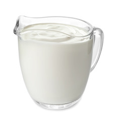 Sour cream in jug on white background