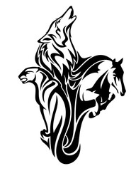 wild animals vector outlines symbolizing fauna spirits - wolf, cougar and horse merged together