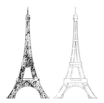 eiffel tower textured outline - Paris symbol black and white vector design set