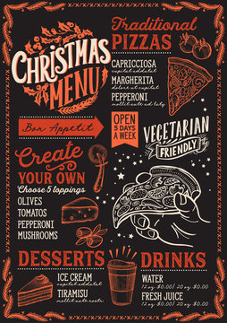 Christmas menu template for pizza restaurant on blackboard.