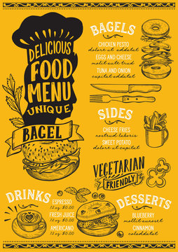 Bagel food menu template for restaurant with chefs hat lettering.