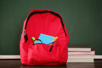 Backpack with school supplies near chalkboard