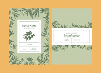 Vector set of package design with olive hand drawn elements. Editable packaging template collection with olive leaves and branches.