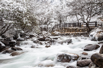 Frozen landscape - the river flow under the bridge