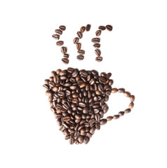 Cup made of roasted coffee beans on white background