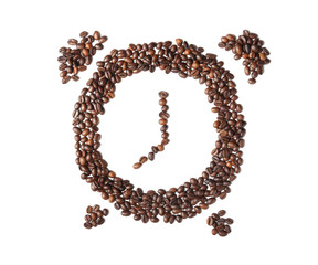 Alarm clock made of roasted coffee beans on white background