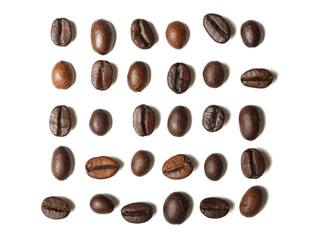 Roasted coffee beans on white background, flat lay