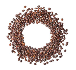 Frame made of roasted coffee beans on white background